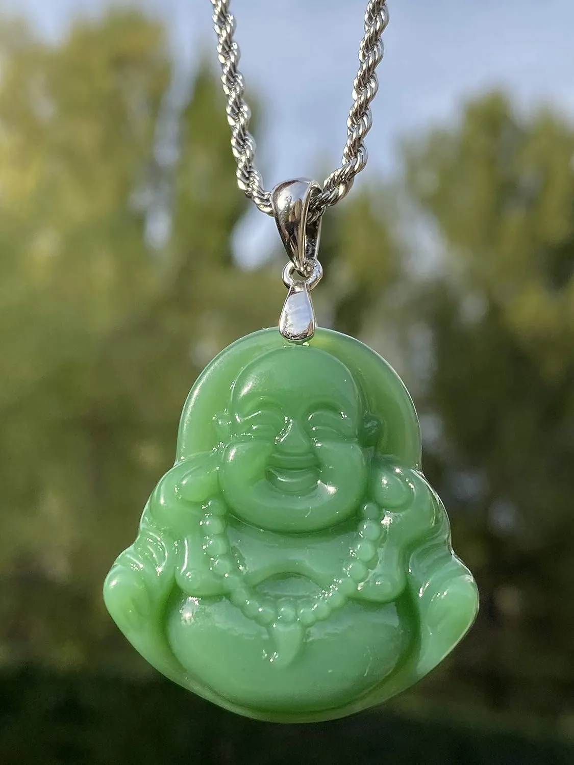 Laughing Buddha Green Jade Pendant Silver Necklace Rope Chain Genuine Certified Grade A Jadeite Jade Hand Crafted, Jade Necklace, 14k Laughing Jade Buddha necklace, Jade Medallion