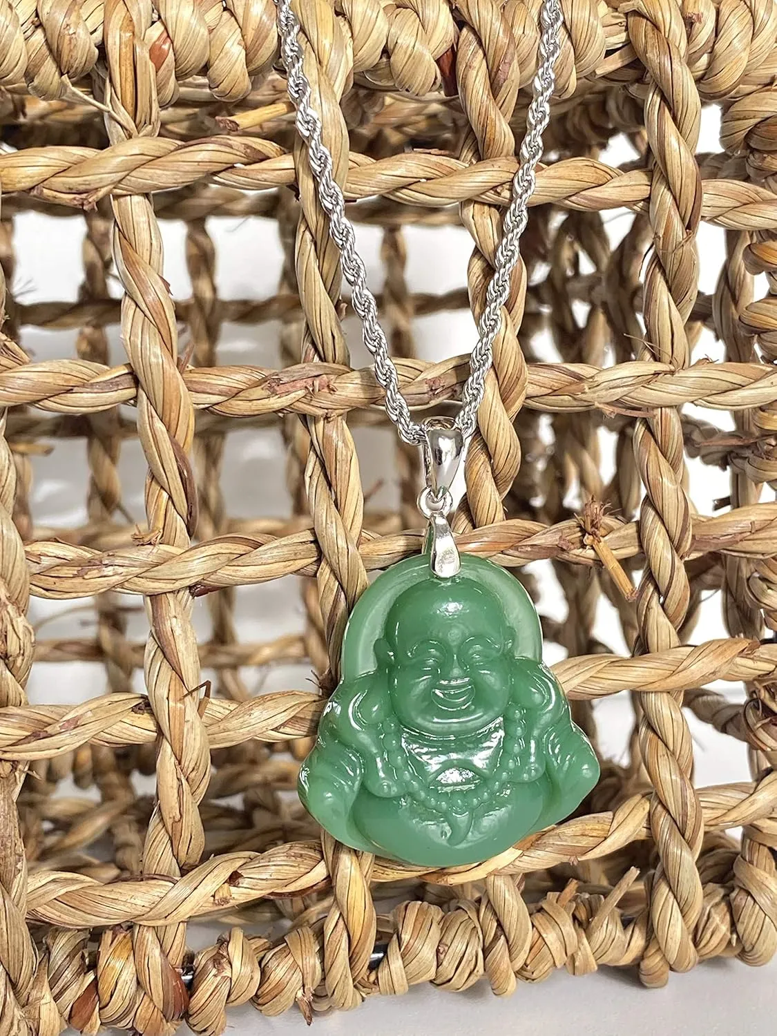 Laughing Buddha Green Jade Pendant Silver Necklace Rope Chain Genuine Certified Grade A Jadeite Jade Hand Crafted, Jade Necklace, 14k Laughing Jade Buddha necklace, Jade Medallion
