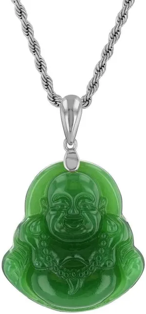 Laughing Buddha Green Jade Pendant Silver Necklace Rope Chain Genuine Certified Grade A Jadeite Jade Hand Crafted, Jade Necklace, 14k Laughing Jade Buddha necklace, Jade Medallion