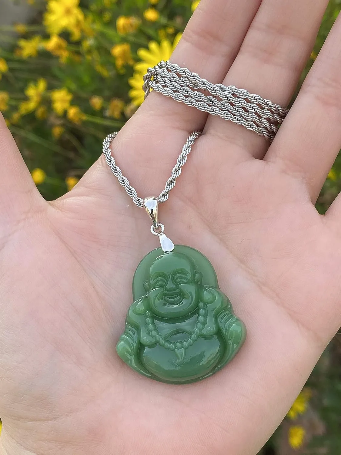 Laughing Buddha Green Jade Pendant Silver Necklace Rope Chain Genuine Certified Grade A Jadeite Jade Hand Crafted, Jade Necklace, 14k Laughing Jade Buddha necklace, Jade Medallion