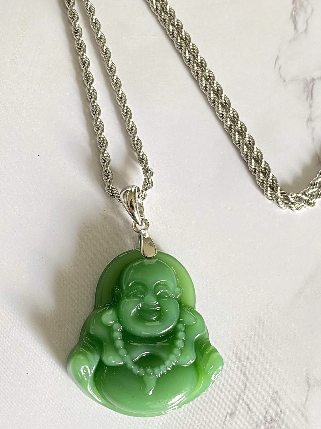 Laughing Buddha Green Jade Pendant Silver Necklace Rope Chain Genuine Certified Grade A Jadeite Jade Hand Crafted, Jade Necklace, 14k Laughing Jade Buddha necklace, Jade Medallion