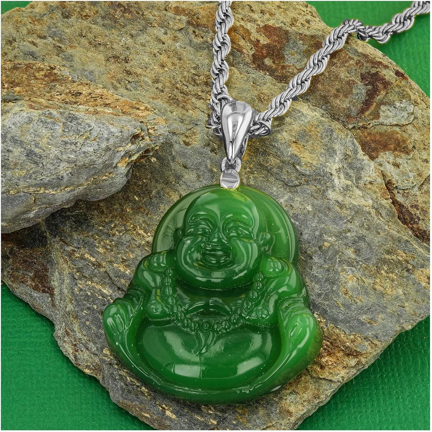 Laughing Buddha Green Jade Pendant Silver Necklace Rope Chain Genuine Certified Grade A Jadeite Jade Hand Crafted, Jade Necklace, 14k Laughing Jade Buddha necklace, Jade Medallion