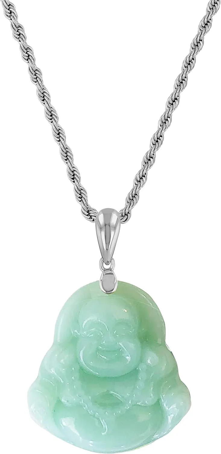 Laughing Buddha Lime Mint Green Jade Pendant Necklace Rope Chain Genuine Certified Grade A Jadeite Jade Hand Crafted, Jade Necklace, 14k White Gold Finish Silver Laughing Jade Buddha necklace