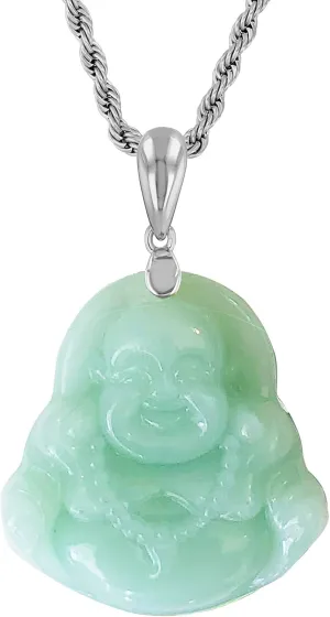 Laughing Buddha Lime Mint Green Jade Pendant Necklace Rope Chain Genuine Certified Grade A Jadeite Jade Hand Crafted, Jade Necklace, 14k White Gold Finish Silver Laughing Jade Buddha necklace