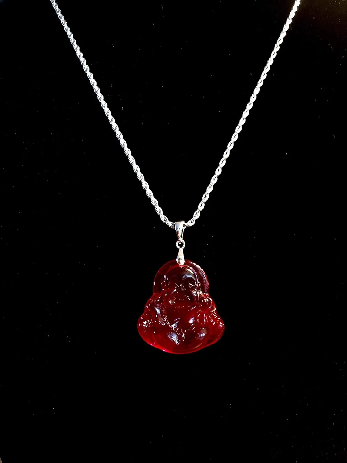 Laughing Buddha Red Jade Pendant Silver Necklace Rope Chain Genuine Certified Grade A Jadeite Jade Hand Crafted, Jade Necklace, 14k Laughing Jade Buddha necklace, Jade Medallion