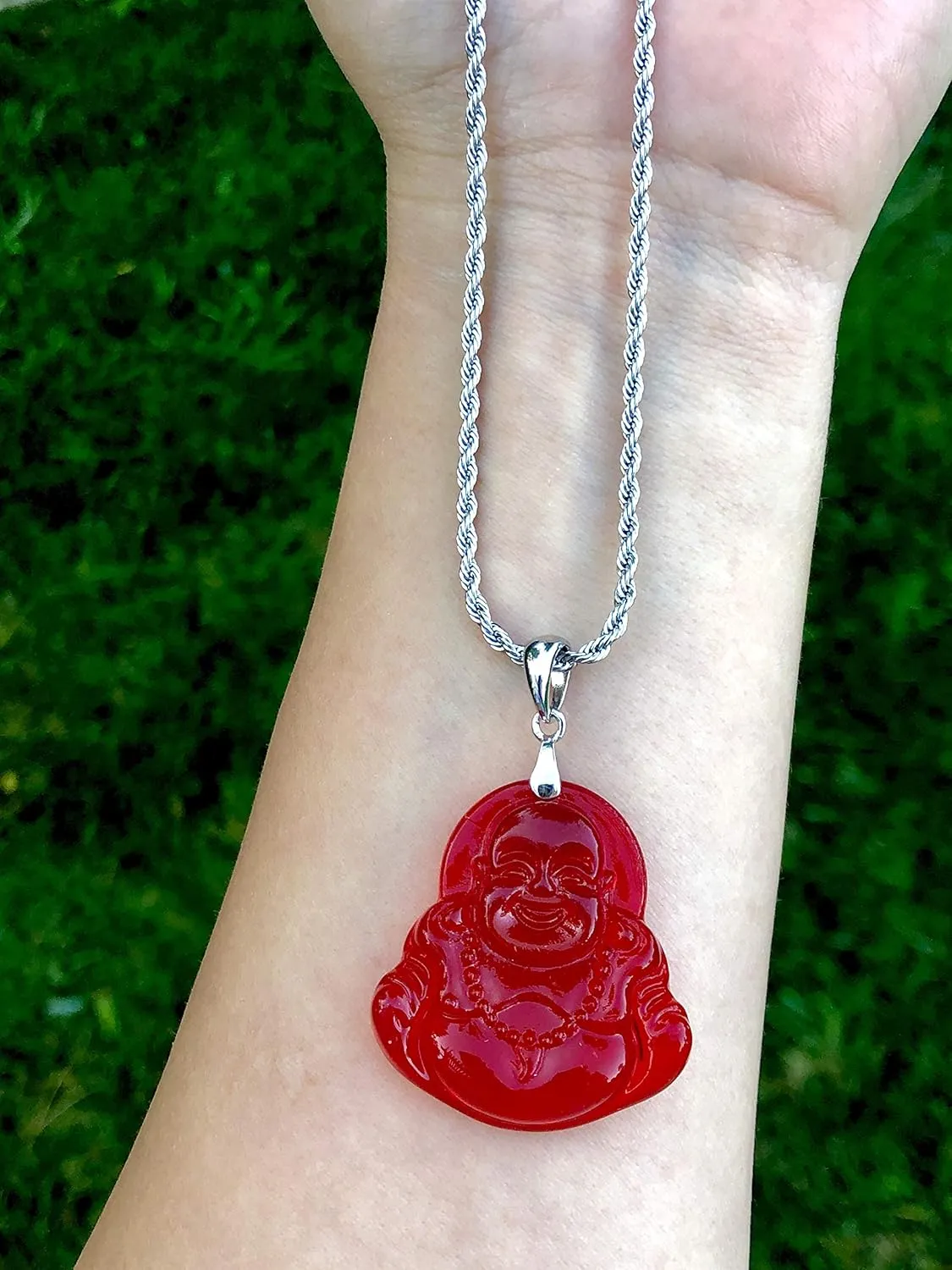 Laughing Buddha Red Jade Pendant Silver Necklace Rope Chain Genuine Certified Grade A Jadeite Jade Hand Crafted, Jade Necklace, 14k Laughing Jade Buddha necklace, Jade Medallion
