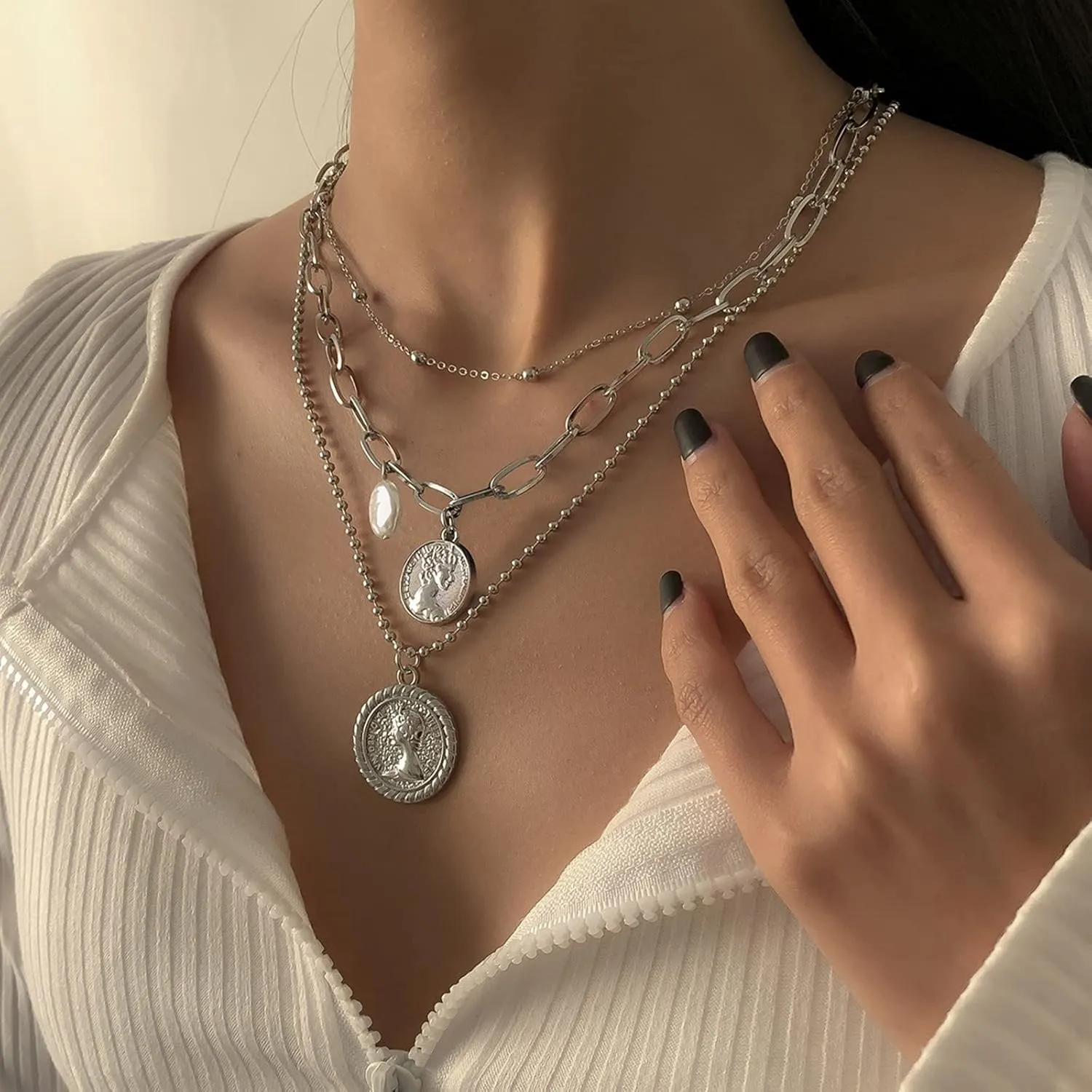 Layer Necklace, Dainty Gold Necklace 3 Layer Pendant Necklaces Lobster Claw Coin Pearl Design Birthday Jewelry Girls