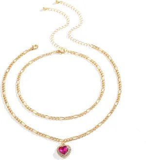 Layered Choker Necklace, Dainty Layered Necklaces for Women Heart Shaped Gem Pendant Chain Necklaces Jewelry Gifts for Birthday Wedding, 2 Pieces, Gold