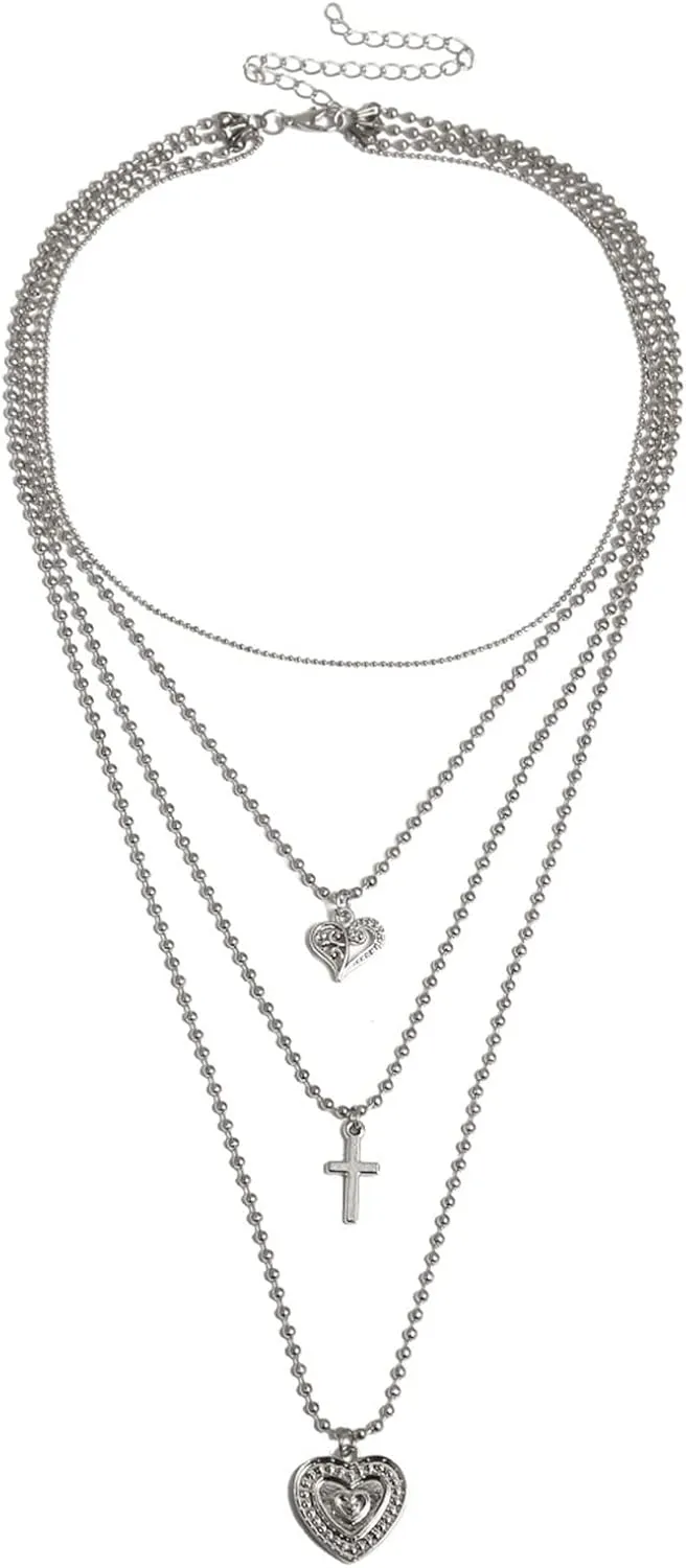 Layered Choker Necklace, Dainty Layering Necklaces for Women Heart Cross Pendant Chain Necklaces Jewelry Gifts, 5 Layers, White Gold, 43CM
