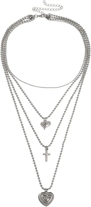 Layered Choker Necklace, Dainty Layering Necklaces for Women Heart Cross Pendant Chain Necklaces Jewelry Gifts, 5 Layers, White Gold, 43CM
