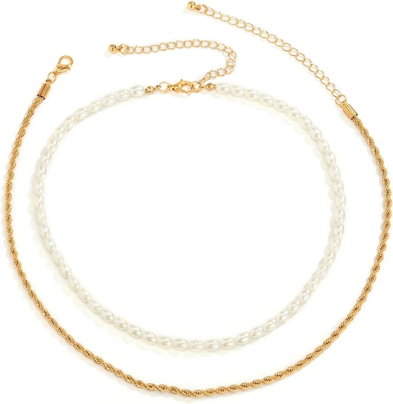 Layered Choker Necklace, Dainty Layering Necklaces for Women Pearl Twisted Pendant Chain Necklaces for Women Girls, 2 Pieces, Gold