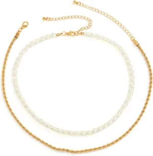 Layered Choker Necklace, Dainty Layering Necklaces for Women Pearl Twisted Pendant Chain Necklaces for Women Girls, 2 Pieces, Gold