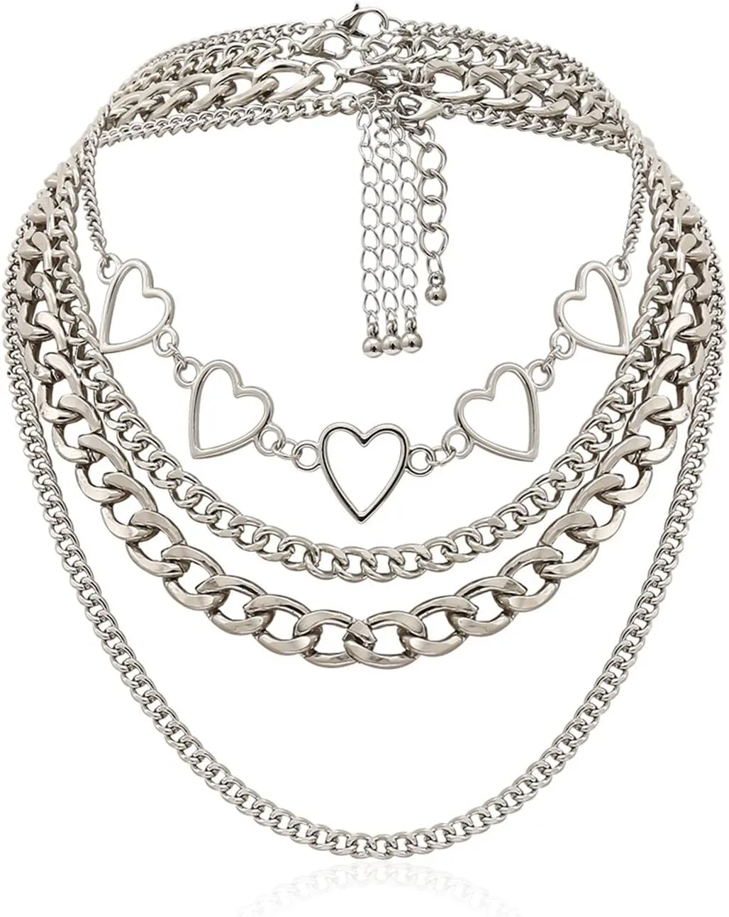Layered Choker Necklace, Layered Necklaces for Women Peach Heart Hollow Multi Layer Chain Necklaces Jewelry for Women and Girl, 4 Pieces, Silver