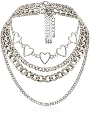 Layered Choker Necklace, Layered Necklaces for Women Peach Heart Hollow Multi Layer Chain Necklaces Jewelry for Women and Girl, 4 Pieces, Silver