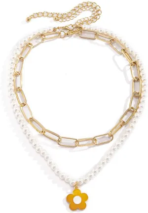 Layered Choker Necklaces for Women, Dainty Layered Choker Necklace Pearl Flower Pendant Chain Necklaces Jewelry Birthday Gift for Her, 2 Pieces, Gold, 42CM