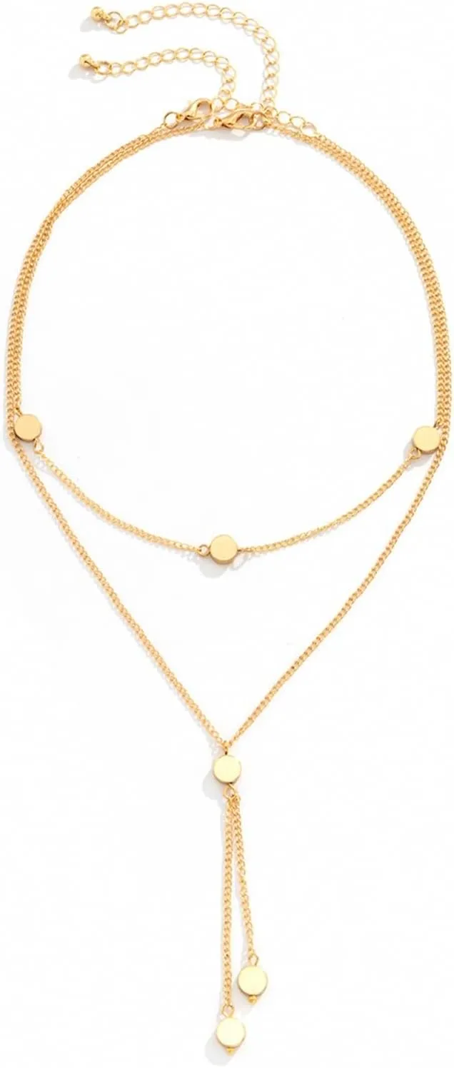 Layered Choker Necklaces for Women, Dainty Layered Choker Necklace Round Long Chain Y Pendant Necklaces Jewelry Birthday Gift for Her, 2 Pieces