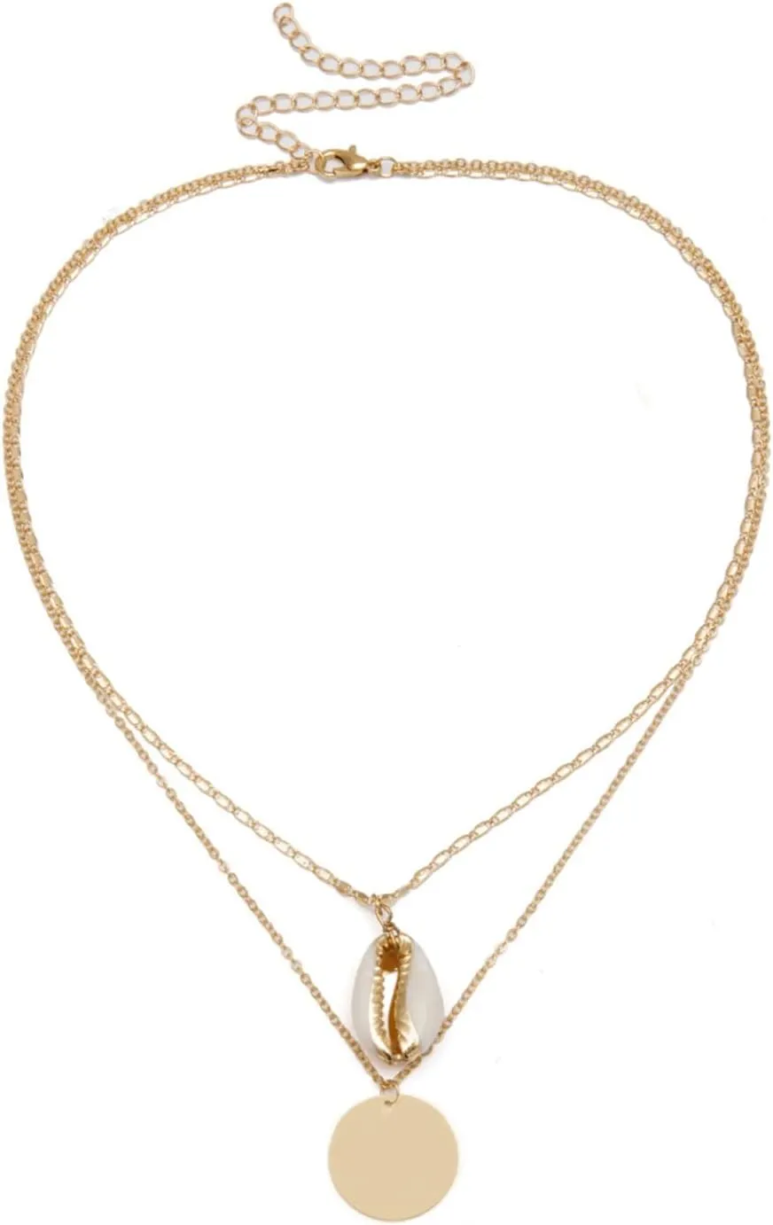 Layered Choker Necklaces for Women, Dainty Layered Choker Necklace Shell Pendant Chain Necklaces Jewelry Gifts for Birthday Wedding, 2 Layers, Gold, 50CM