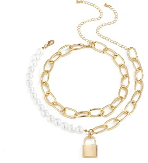 Layered Gold Necklace, Dainty Layered Necklaces for Women Lock Pearl Pendant Chain Necklaces Jewelry Gifts for Birthday Wedding, 2 Pieces, Gold, 40CM