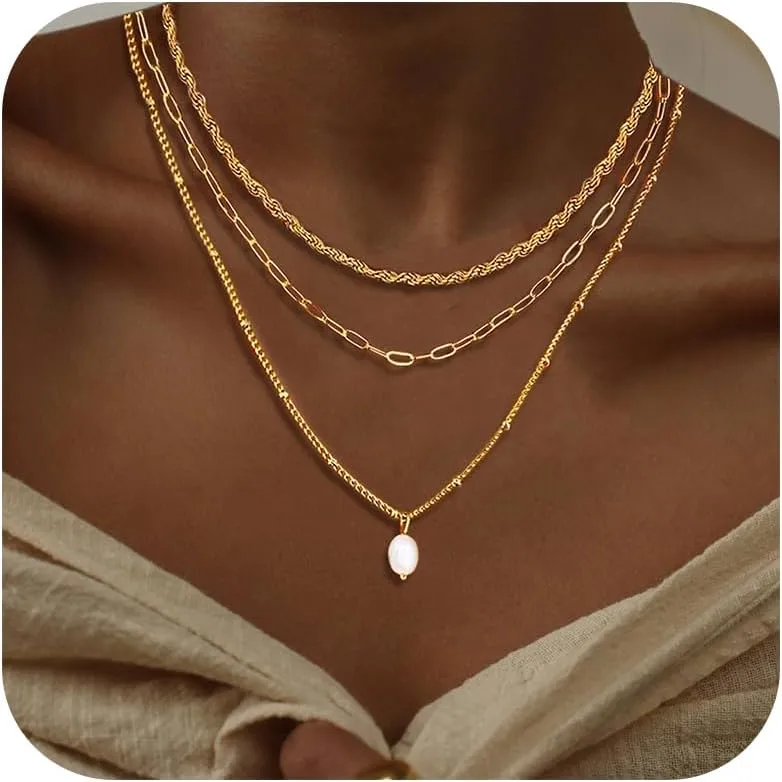 Layered Gold Necklaces for Women Dainty Gold Necklace Stack Pearl Circle Layering Chain Necklace Trendy Trendy Gold Stacked Jewelry Gifts