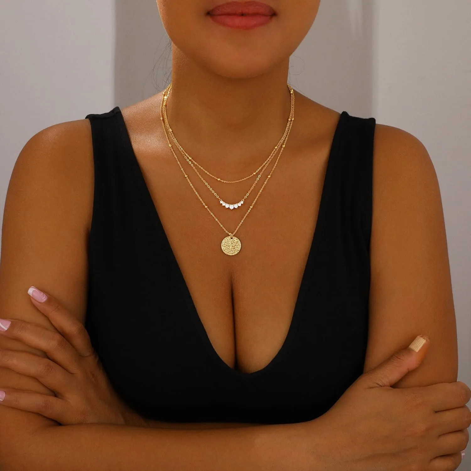 Layered Gold Necklaces for Women Stackable Dainty 14K Gold Plated Silver Chain Necklace Layering Cute Fashion Pendant Choker Necklaces Trendy Jewelry Set Gifts for Women