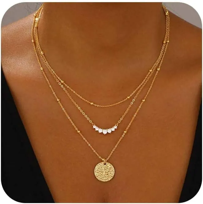 Layered Gold Necklaces for Women Stackable Dainty 14K Gold Plated Silver Chain Necklace Layering Cute Fashion Pendant Choker Necklaces Trendy Jewelry Set Gifts for Women