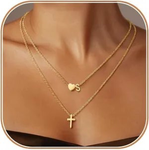 Layered Initial Necklaces for Women,Dainty 18K Real Gold Plated Heart Initial Necklace, Cross Necklace, Personalized Gifts for Women Teen Jewelry