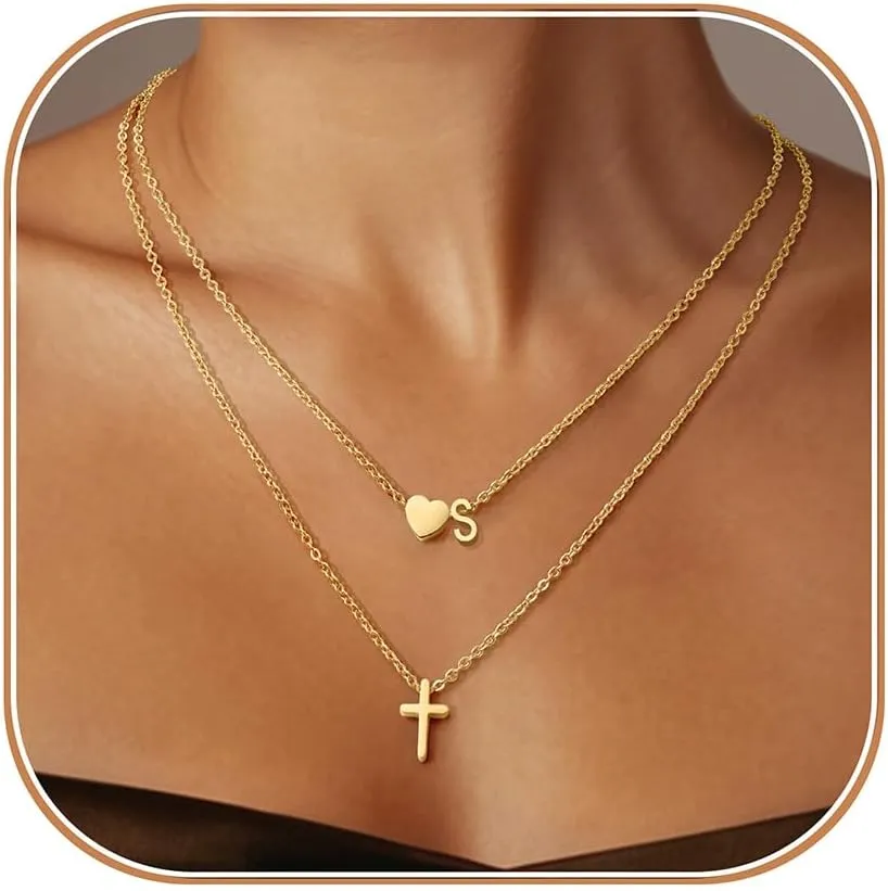 Layered Initial Necklaces for Women,Dainty 18K Real Gold Plated Heart Initial Necklace, Cross Necklace, Personalized Gifts for Women Teen Jewelry