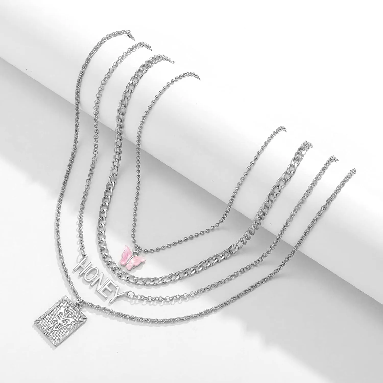 Layered Necklace for Women, Dainty Layering Necklaces for Women Butterfly Letter Honey Pendant Chain Necklaces for Women Girls, 4 Pieces