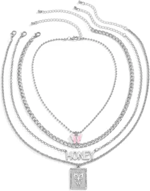 Layered Necklace for Women, Dainty Layering Necklaces for Women Butterfly Letter Honey Pendant Chain Necklaces for Women Girls, 4 Pieces