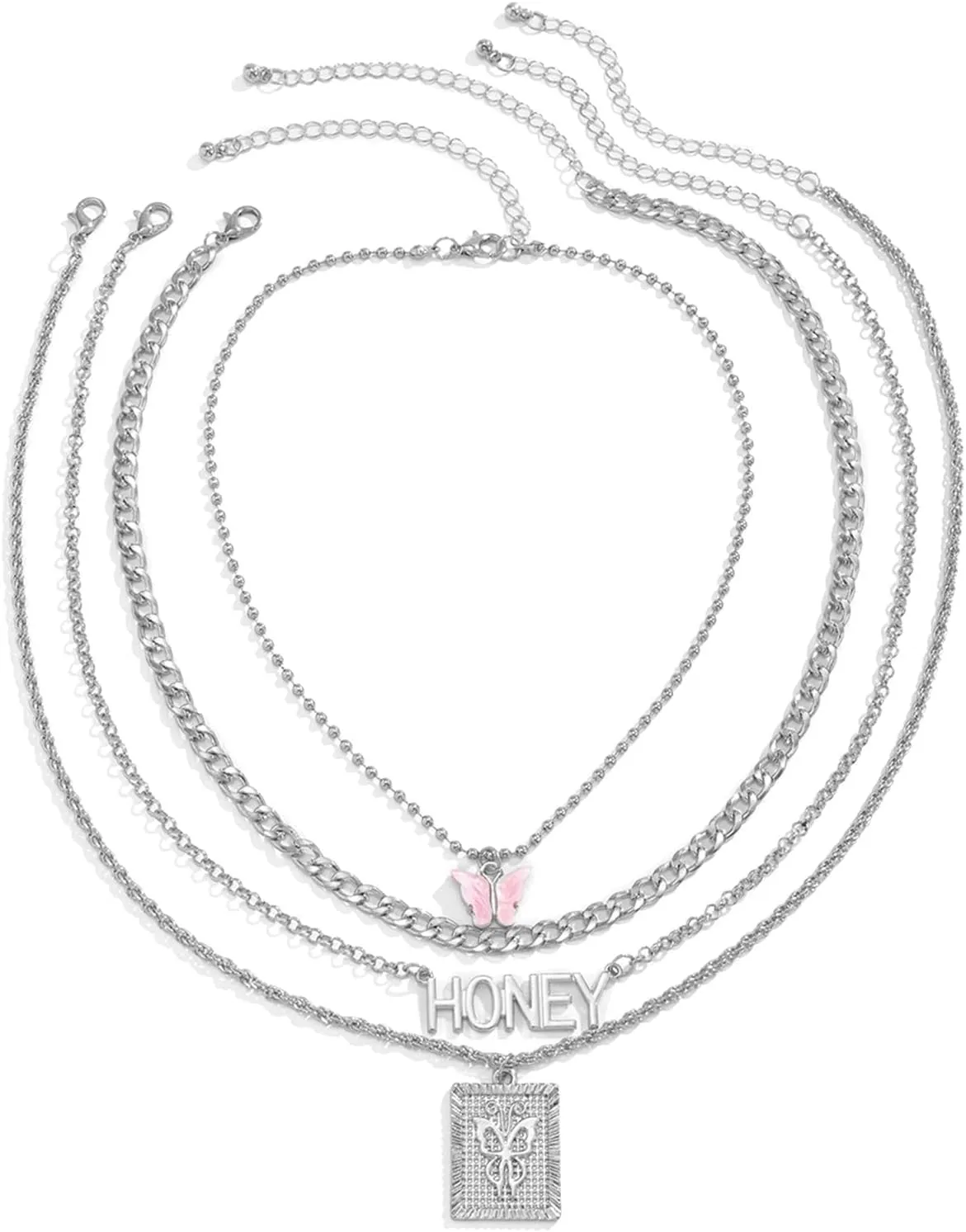 Layered Necklace for Women, Dainty Layering Necklaces for Women Butterfly Letter Honey Pendant Chain Necklaces for Women Girls, 4 Pieces