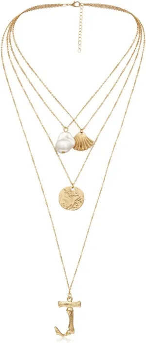 Layered Necklace for Women, Dainty Layering Necklaces for Women Scallop Pearl Pendant Chain Necklaces Jewelry Birthday Gift for Her, 4 Layers, Gold