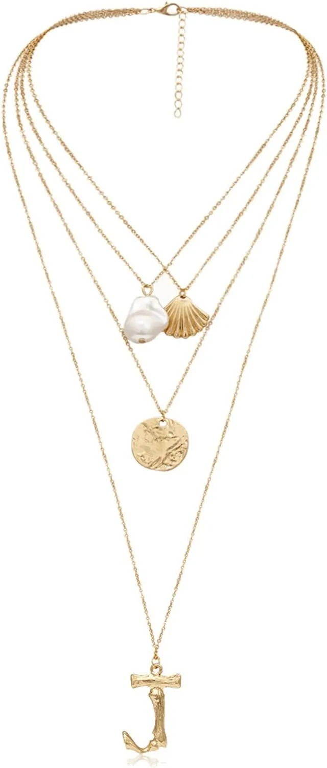 Layered Necklace for Women, Dainty Layering Necklaces for Women Scallop Pearl Pendant Chain Necklaces Jewelry Birthday Gift for Her, 4 Layers, Gold