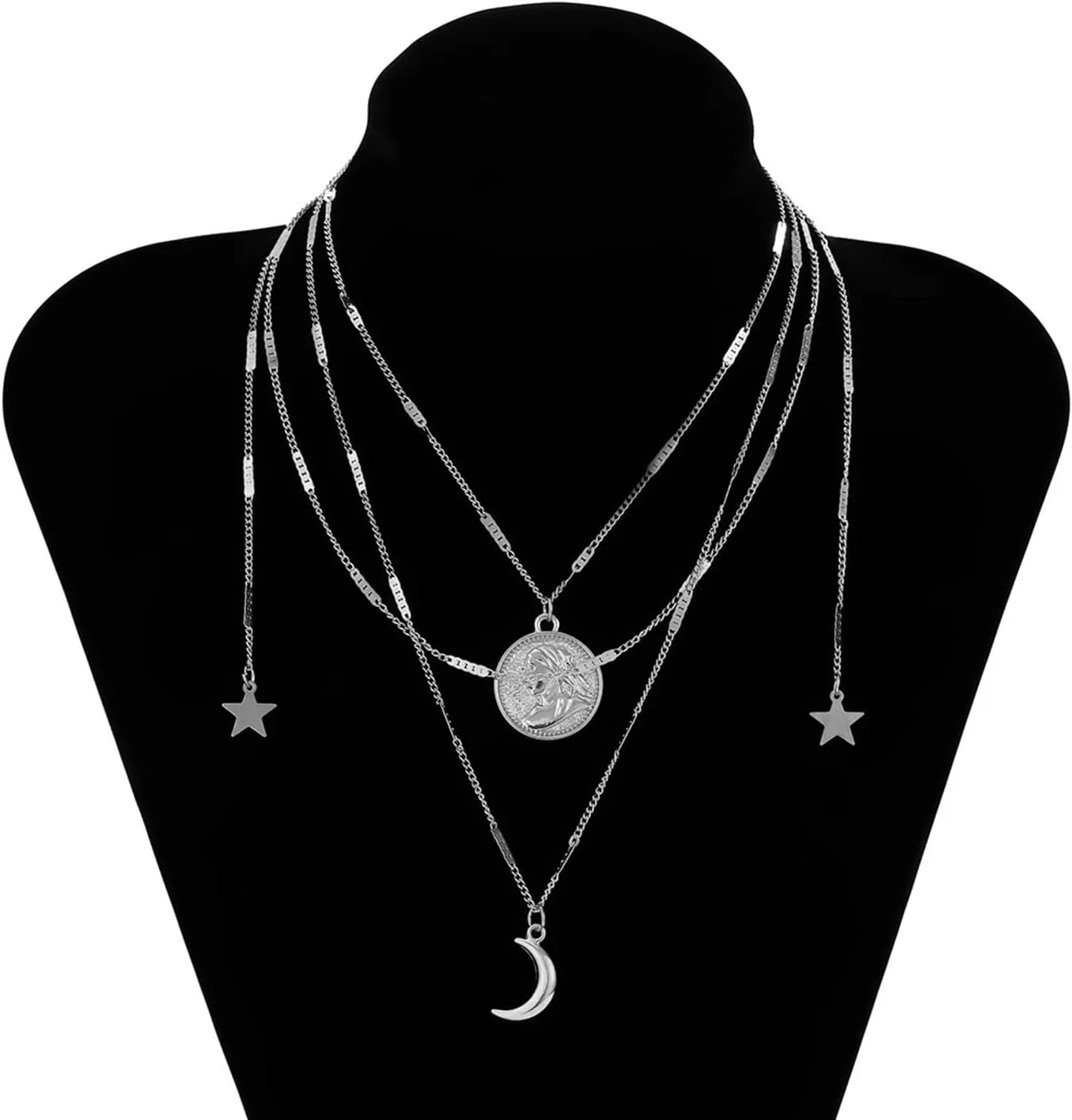 Layered Necklace for Women, Dainty Layering Necklaces for Women Star Moon Tassel Pendant Chain Necklaces Jewelry Birthday Gift for Her, 3 Pieces