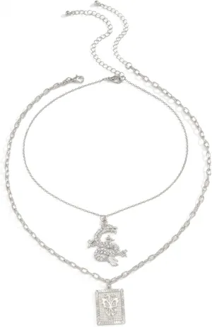 Layered Necklaces for Women, Dainty Layered Choker Necklace Butterfly Embossed Multilayer Pendant Chain Necklaces Jewelry Birthday Gift for Her, 2 Pieces, Silver