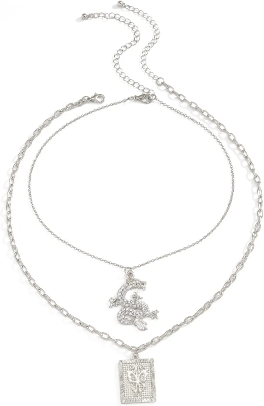 Layered Necklaces for Women, Dainty Layered Choker Necklace Butterfly Embossed Multilayer Pendant Chain Necklaces Jewelry Birthday Gift for Her, 2 Pieces, Silver