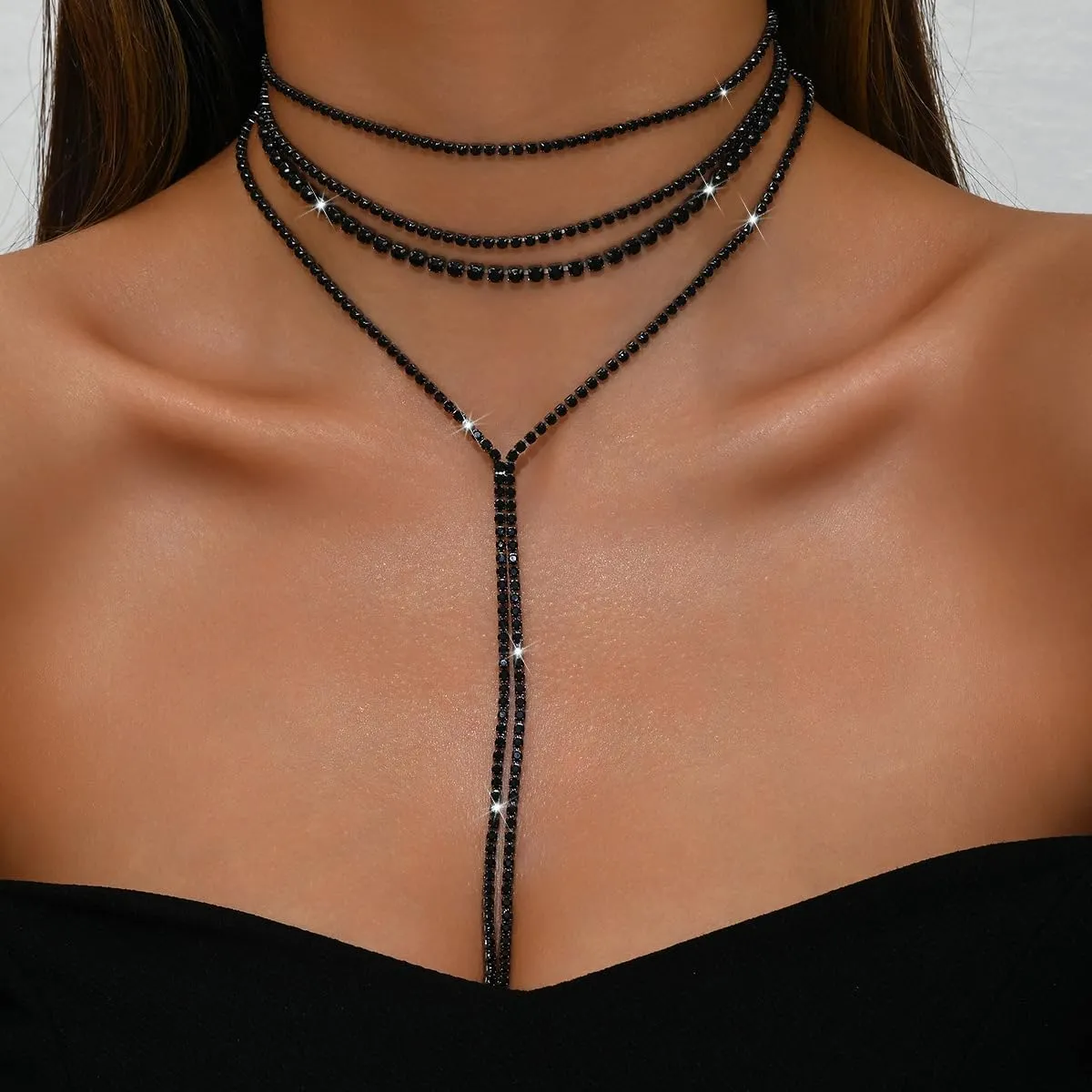 Layered Rhinestone Necklaces for Women Boho Fashion Y Long Neckalce Prom Shinny Black Silver Rhinestones Choker Necklace Wedding Bridal Jewerly