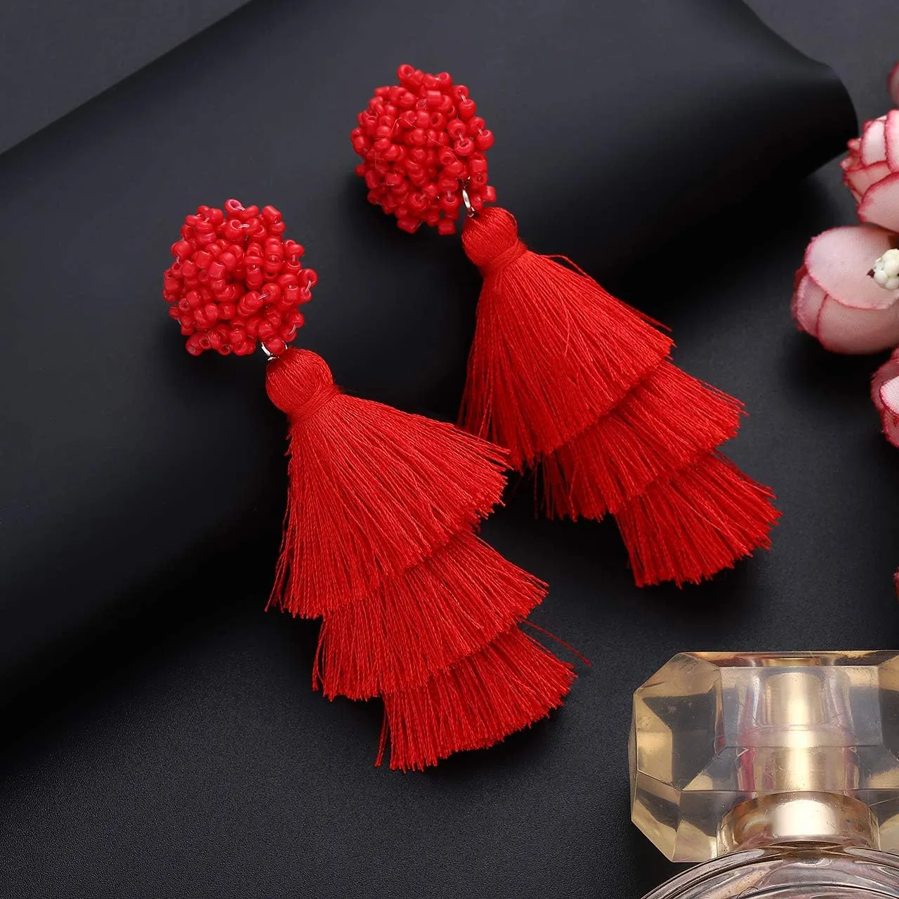 Layered Tassel Earring Bohemian Lightweight Colorful Tiered Thread long Fringe Tassel Drop Dangle Beaded Statement Stud Earring Women Gifts