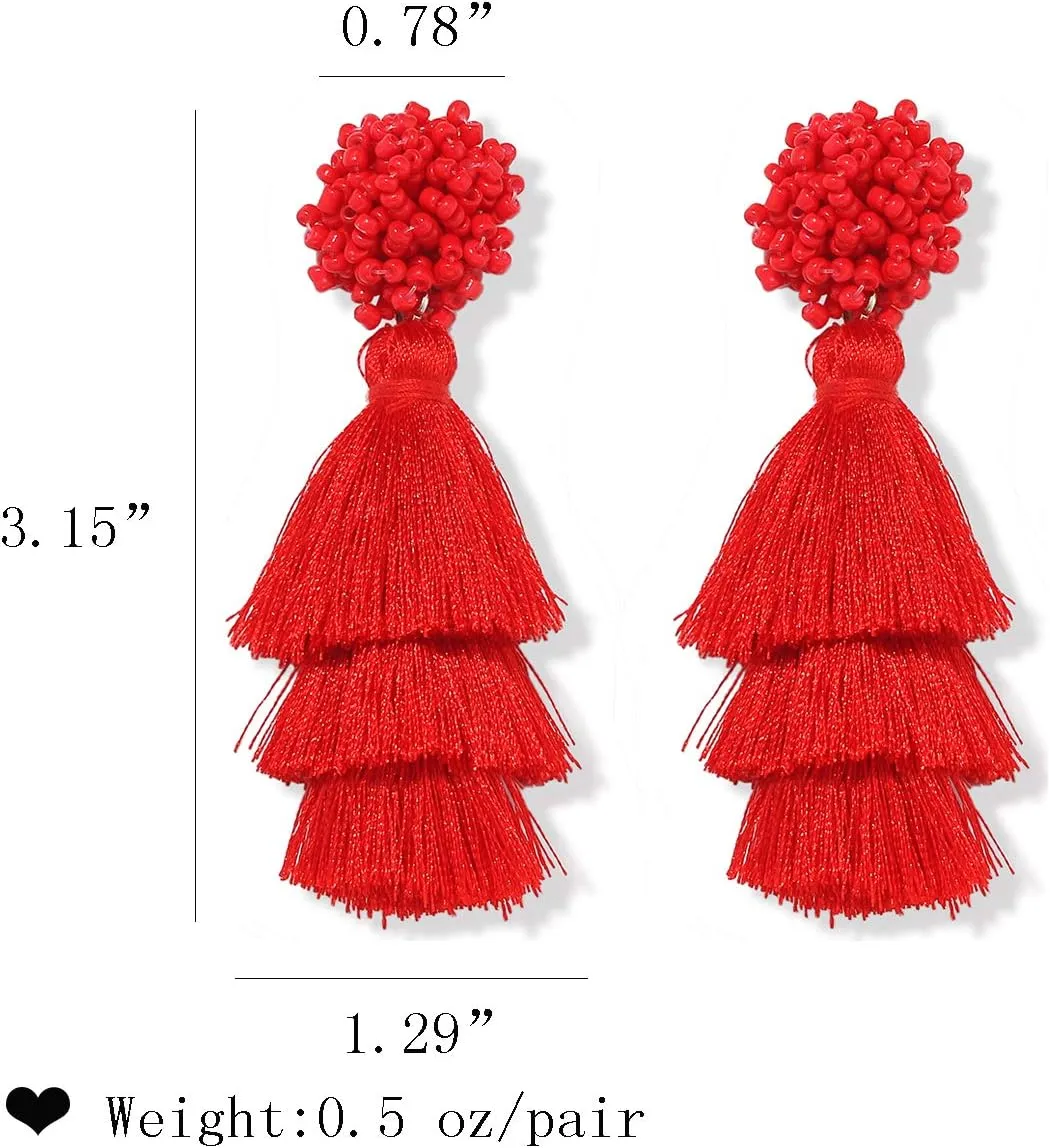 Layered Tassel Earring Bohemian Lightweight Colorful Tiered Thread long Fringe Tassel Drop Dangle Beaded Statement Stud Earring Women Gifts