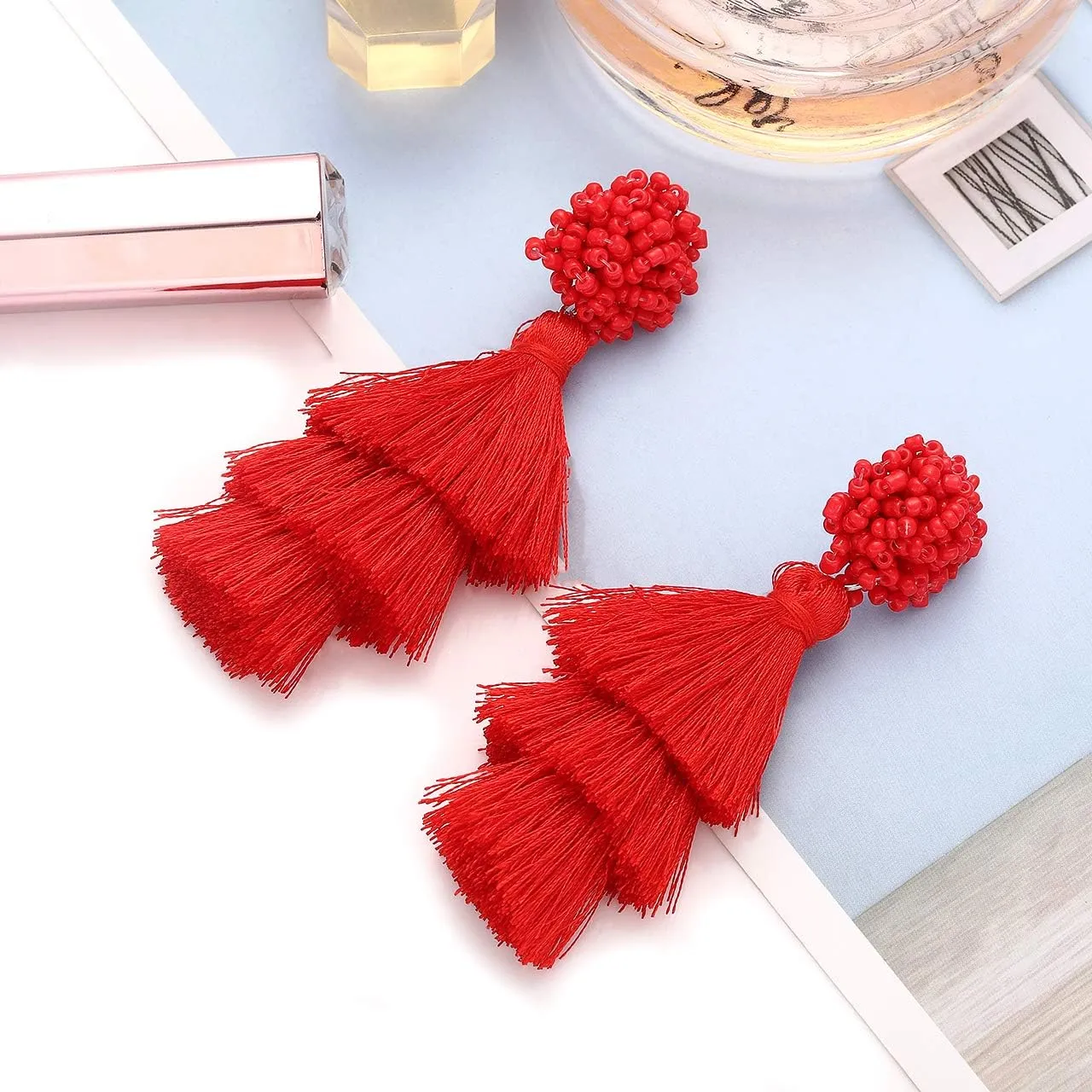 Layered Tassel Earring Bohemian Lightweight Colorful Tiered Thread long Fringe Tassel Drop Dangle Beaded Statement Stud Earring Women Gifts