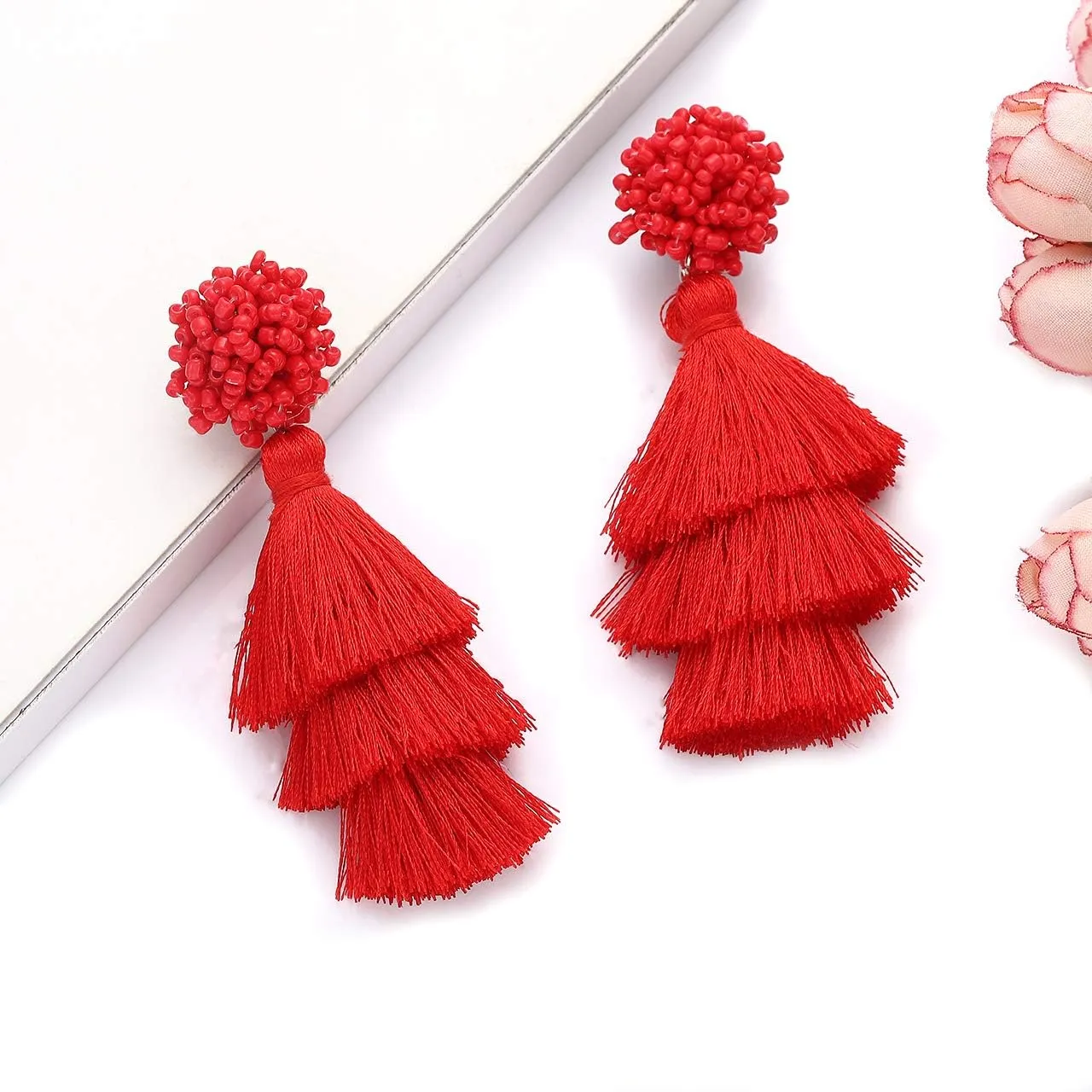 Layered Tassel Earring Bohemian Lightweight Colorful Tiered Thread long Fringe Tassel Drop Dangle Beaded Statement Stud Earring Women Gifts
