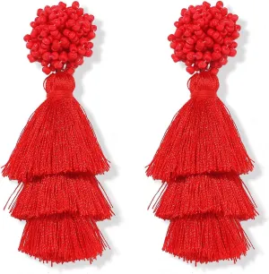 Layered Tassel Earring Bohemian Lightweight Colorful Tiered Thread long Fringe Tassel Drop Dangle Beaded Statement Stud Earring Women Gifts