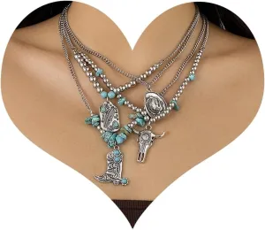 Layered Western Necklaces for Women Cowboy Boot Cowgirl Hat Ox Head Pendant Necklaces Boho Turquoise Choker Western Country Concert Outfit Accessories