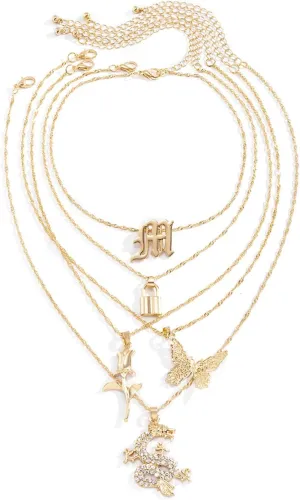 Layering Necklaces for Women, Dainty Layered Choker Necklace Butterfly Lock Rose Pendant Chain Necklaces Women Jewelry, 5 Pieces, Gold