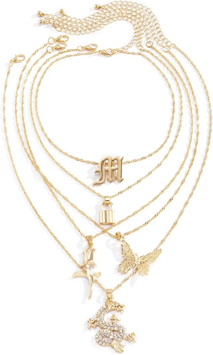Layering Necklaces for Women, Dainty Layered Choker Necklace Butterfly Lock Rose Pendant Chain Necklaces Women Jewelry, 5 Pieces, Gold