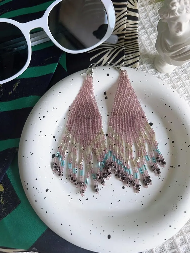 Long Beaded Tassel Earrings, Bohemia Colorful Bead Handmade Beaded fringe Earring Drop Earrings for Women