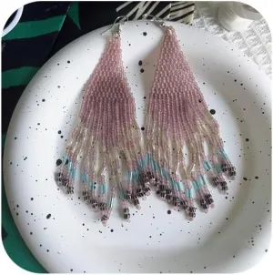 Long Beaded Tassel Earrings, Bohemia Colorful Bead Handmade Beaded fringe Earring Drop Earrings for Women