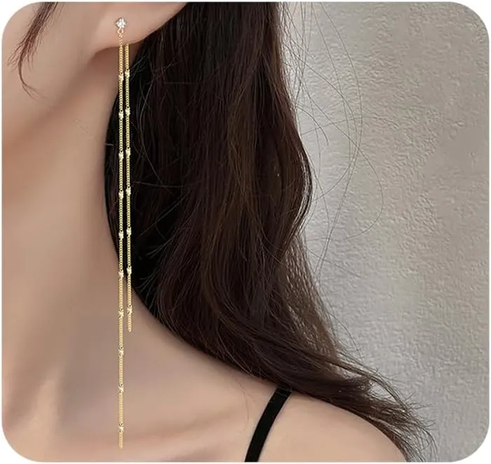 Long Gold Dangle Earrings for Women,Trendy Silver Tassel Chain Drop Earrings Minimalist Bride Wedding Earrings,Charm Party Jewelry Accessories Gifts