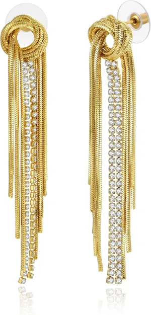 Long Gold Tassel Dangle Earrings for Women Cubic Zirconia Sleek Metal Chain Earrings Knot Linear Fringe Earrings Sexy Jewelry for Prom Party