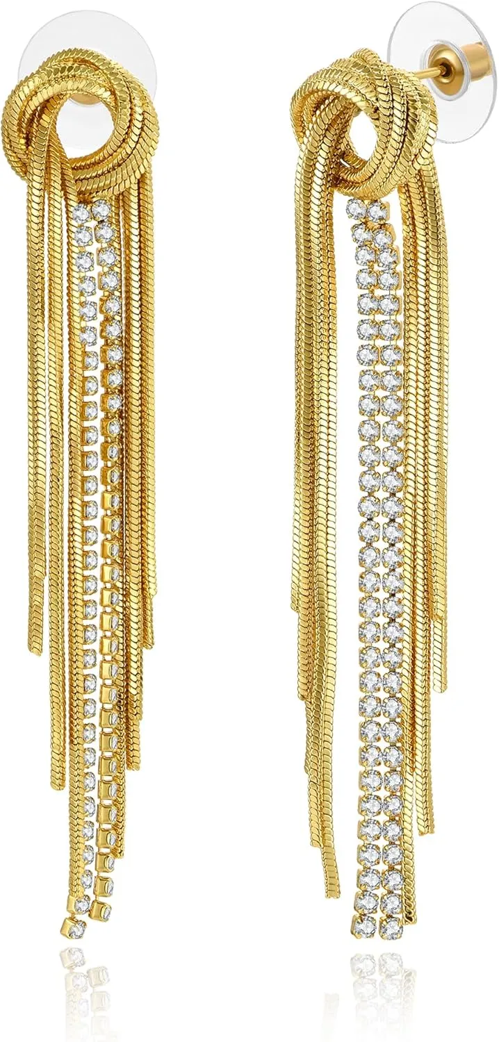 Long Gold Tassel Dangle Earrings for Women Cubic Zirconia Sleek Metal Chain Earrings Knot Linear Fringe Earrings Sexy Jewelry for Prom Party