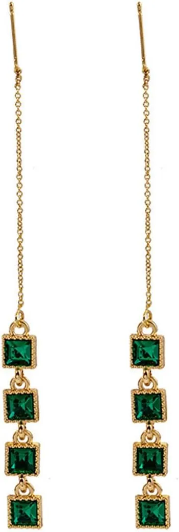 Long Green Crystal Tassel Earrings Gold Rectangular Dangle Drop Earrings for Women Geometric Threader Earrings